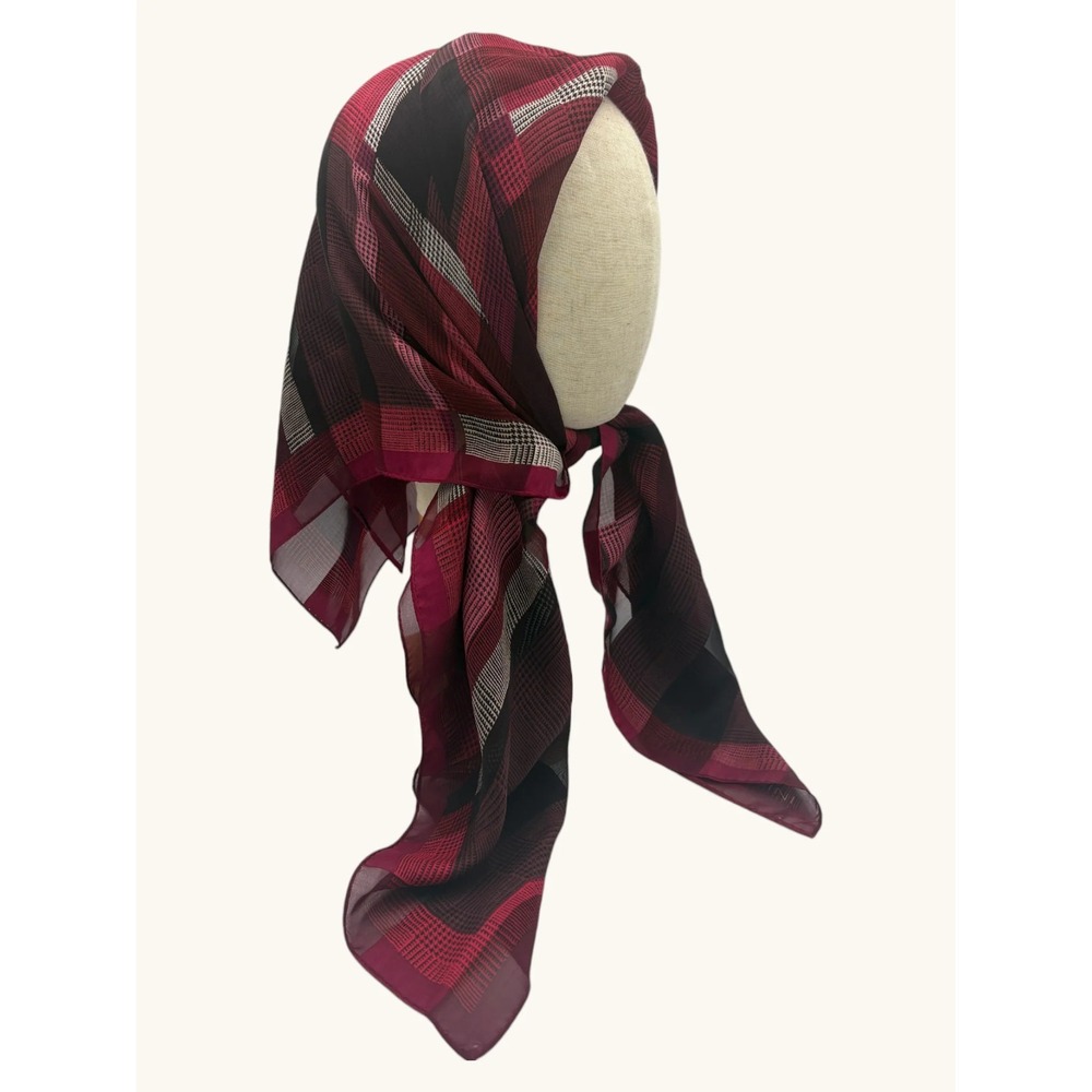 Adrienne Vittadini Scarf Red Burgundy Black Plaid Sheer Silk Blend Square Large